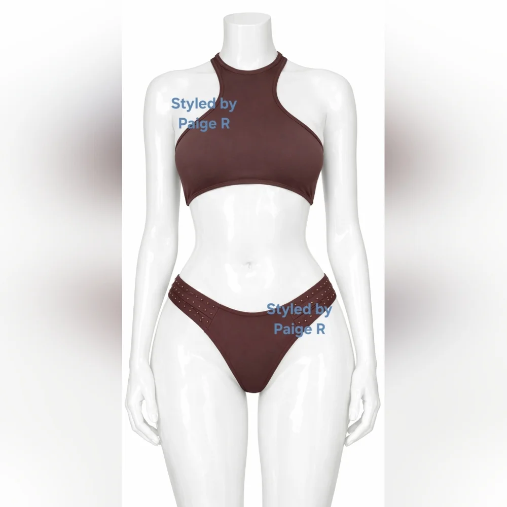 ❤️NWT SKIMS 2 Pc High neck racerback Swim Top Strappy Rhinestone Bikini COCOA 3X